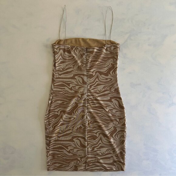 Meshki Abstract Marble Tan Mesh Spaghetti Strap Mini Dress - Picture 2 of 8